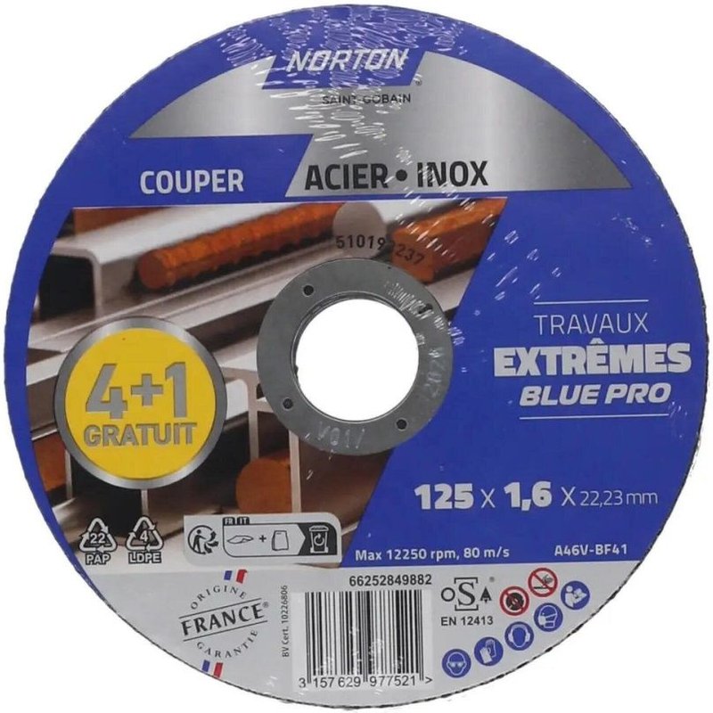 Lot de 4+1 disques acier/inox NORTON 125x1,6