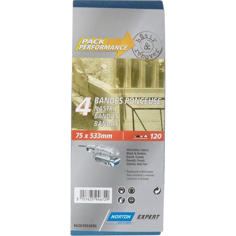 Lot de 4 bandes abrasives NORTON, 75 x 533 mm, grains 120