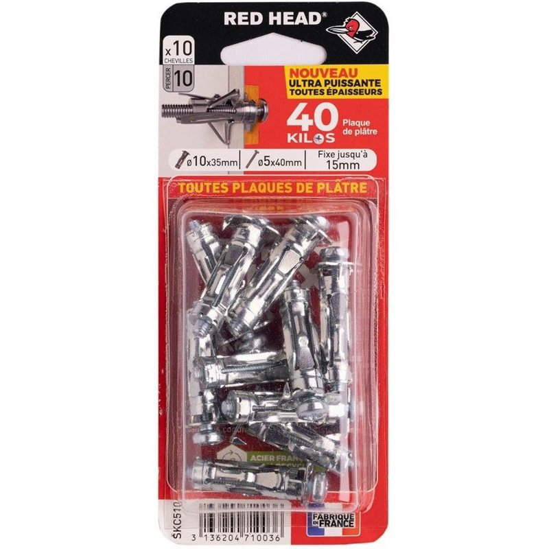 Lot de 10 chevilles diam. 10 x L.35 mm et vis Ă expansion diam. 5 x L.40 mm, RED HEAD