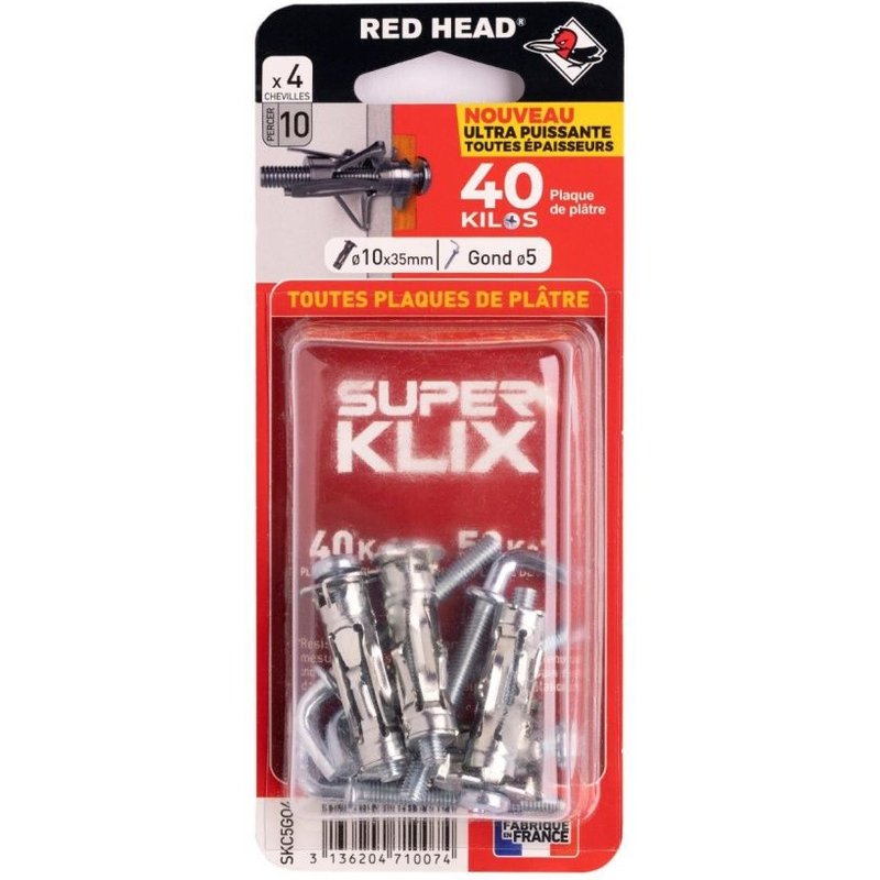 Lot de 4 chevilles Diam.10 x L.35 mm et gond RED HEAD, Diam.5mm