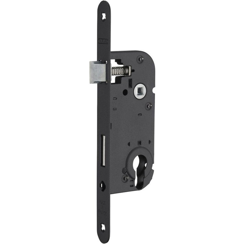 Serrure à encastrer réversible axe 40x70mm avec trou de cylindre, finition noir