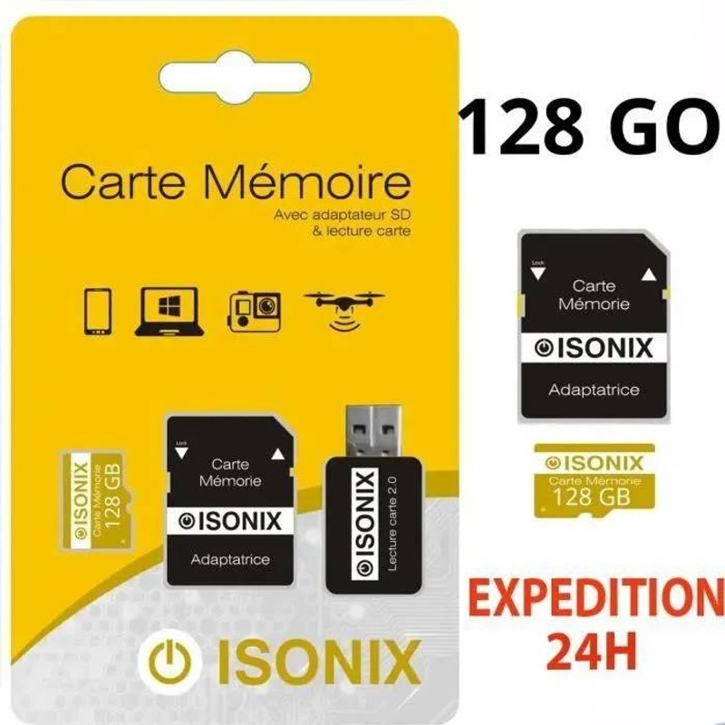 Carte Micro-SD 128 Go Jaune classe 10 4K SDXC smartphone tablette caméra sport