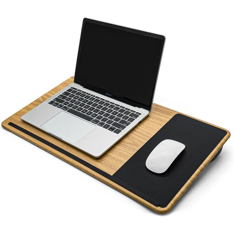 Plateau Ordinateur Portable en Bois Ingénieré avec Coussin Doux, Support de Genoux avec Repose-Poignet, Tablette de Lit pour Ordinateur Portable Jusqu`à 17 Pouces (Grand - Motif Bois)