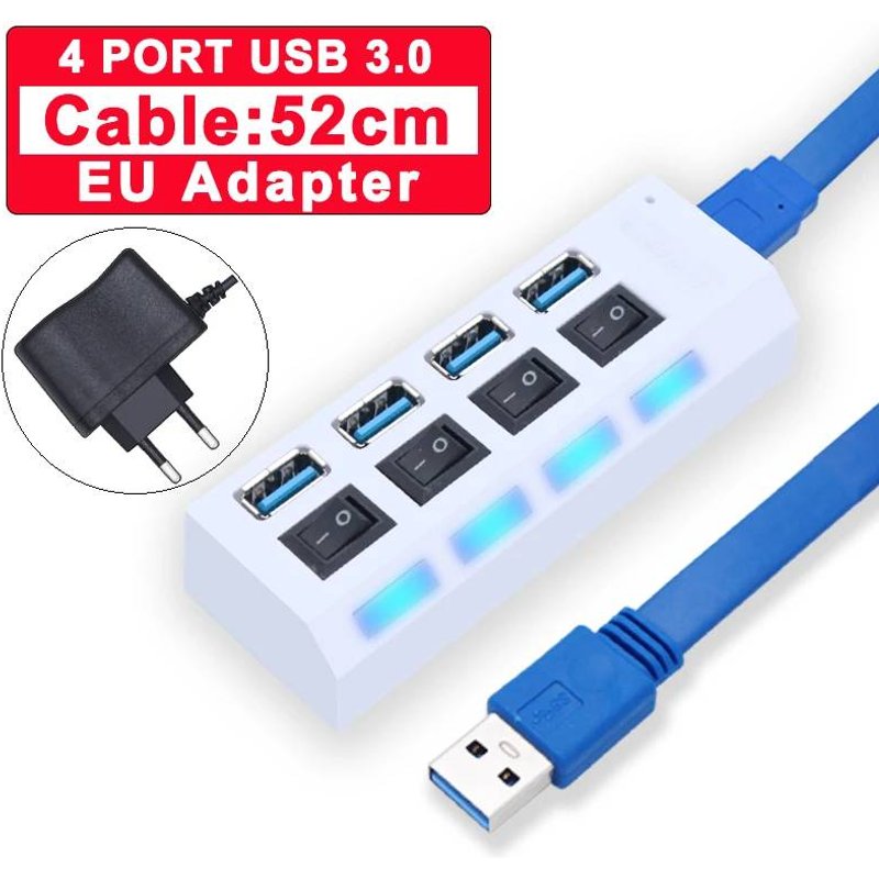 Répartiteur USB 3.0 avec interrupteur pour PC,adaptateur d'alimentation,extenseur multiple,hub 2.0,USB 3,USB 4/7,2.0 ports 3.0USB 4port with EU