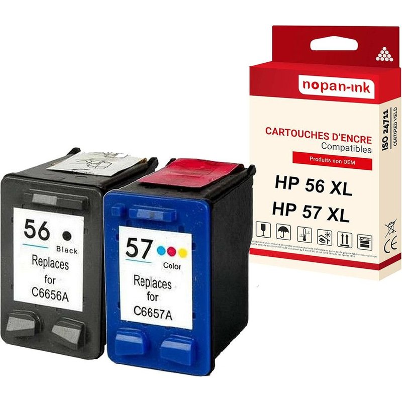 NOPAN-INK - x2 Cartouche compatible pour HP 56 XL + 57 XL 56XL + 57XL Noir + Couleur C6656AE + C6657AE