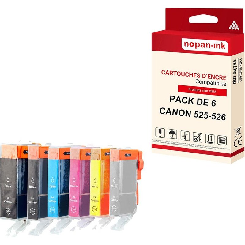 NOPAN-INK - x6 Cartouche compatible pour CANON 525 XL - 526 XL 525XL - 526XL Noir + Cyan + Magenta + Jaune + Photo Noir + Gris 454BKPK6
