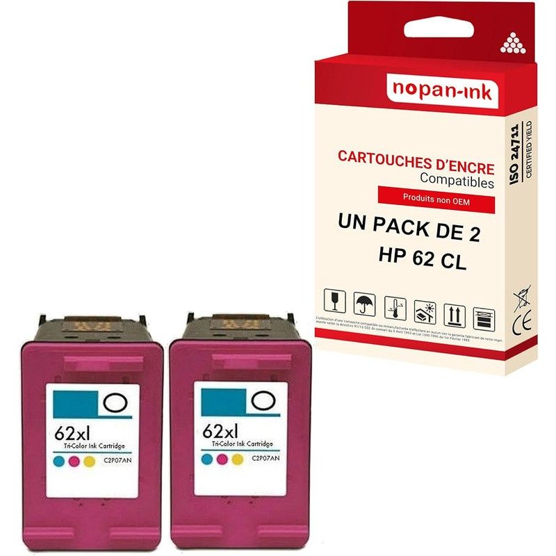 NOPAN-INK - x2 Cartouche compatible pour HP 62CL XL 62CLXL Cyan + Magenta + Jaune C2P07AE