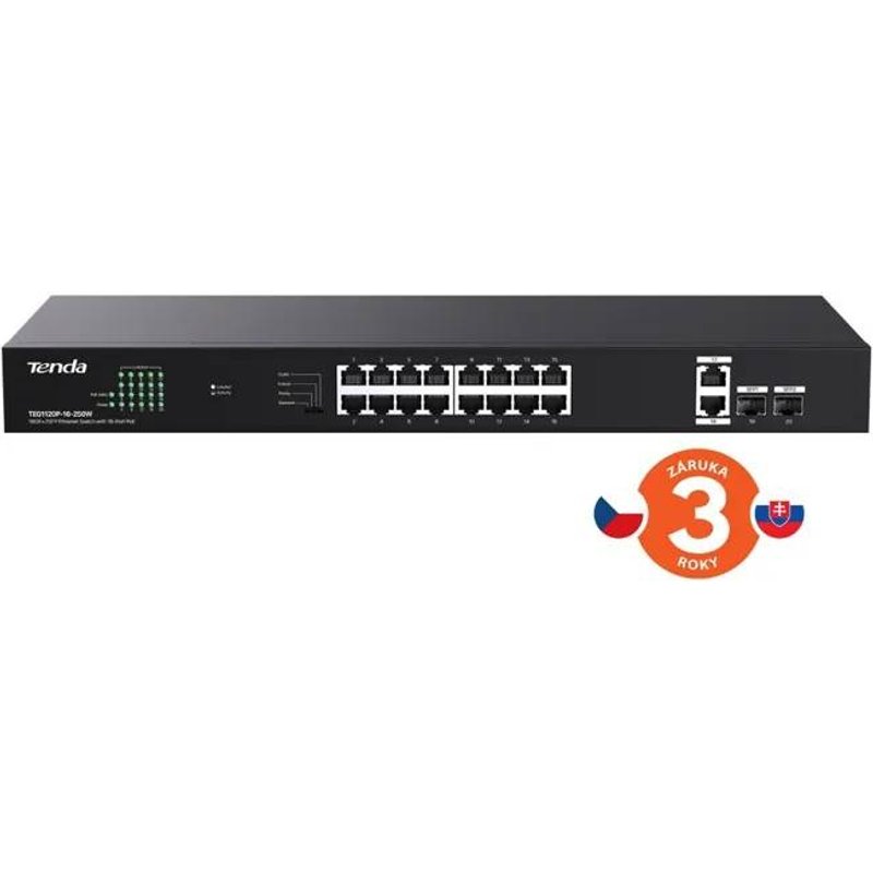Tenda TEG1120P-16-250W PoE Gigabit switch 16x 1Gb/s PoE 802.3af/at 2x SFP 2x RJ45, 230W, Rack