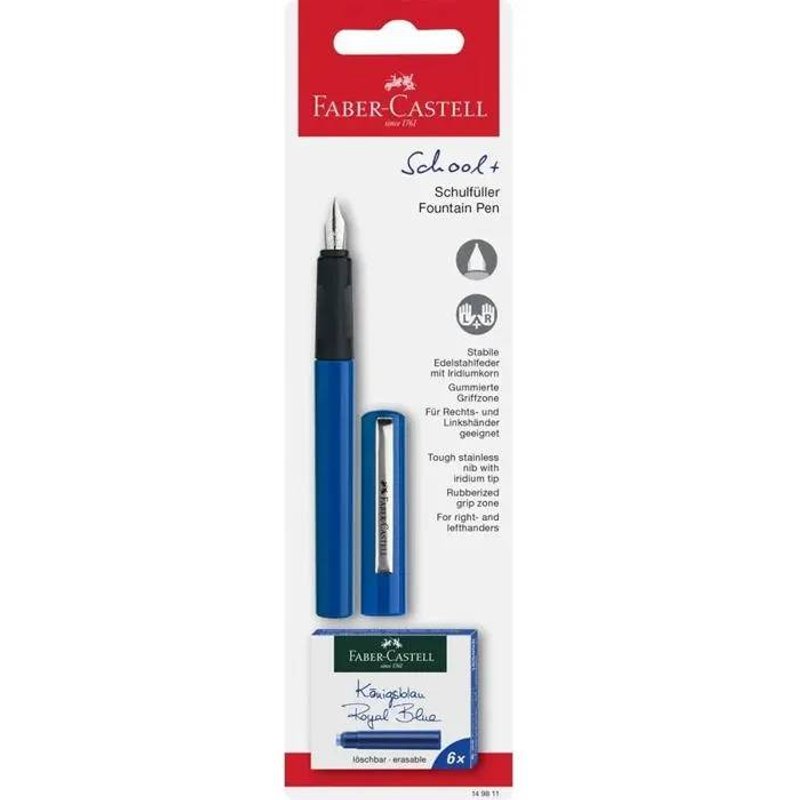 Stylo à Plume School+ Bleu avec 6 Cartouches à Encre Bleu Roi Effaçable