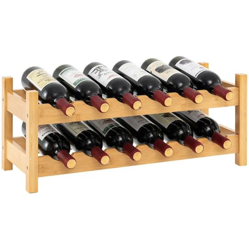 Casier À Vin À 2 Niveaux Pour 12 Bouteilles Costway, Support À Bouteilles À Vin En Bambou Pour Cuisine Garde-Manger Bar, Naturel