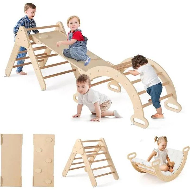 Costway 7 En 1 Triangle D'escalade En Bois Avec Coussintoboggan/Arche/Rampe Double Face, Échelle Réglable Pour Bébé 1+ Ans