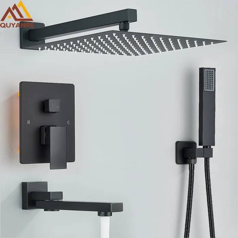 Système de douche à effet pluie noir mat avec pommeau de douche, ensemble de robinets de douche encastrés avec bec de baignoire