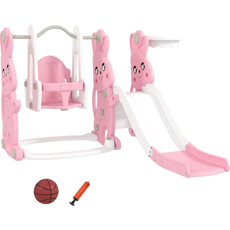 Toboggan Balançoire Panier Basket Enfant 3 En 1 Design Lapin Hdpe Blanc Rose