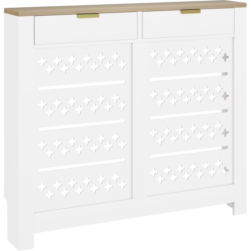 Cache-radiateur design motif étoile 2 portes dim. 108 x 19 x 95 cm doré effet bois blanc