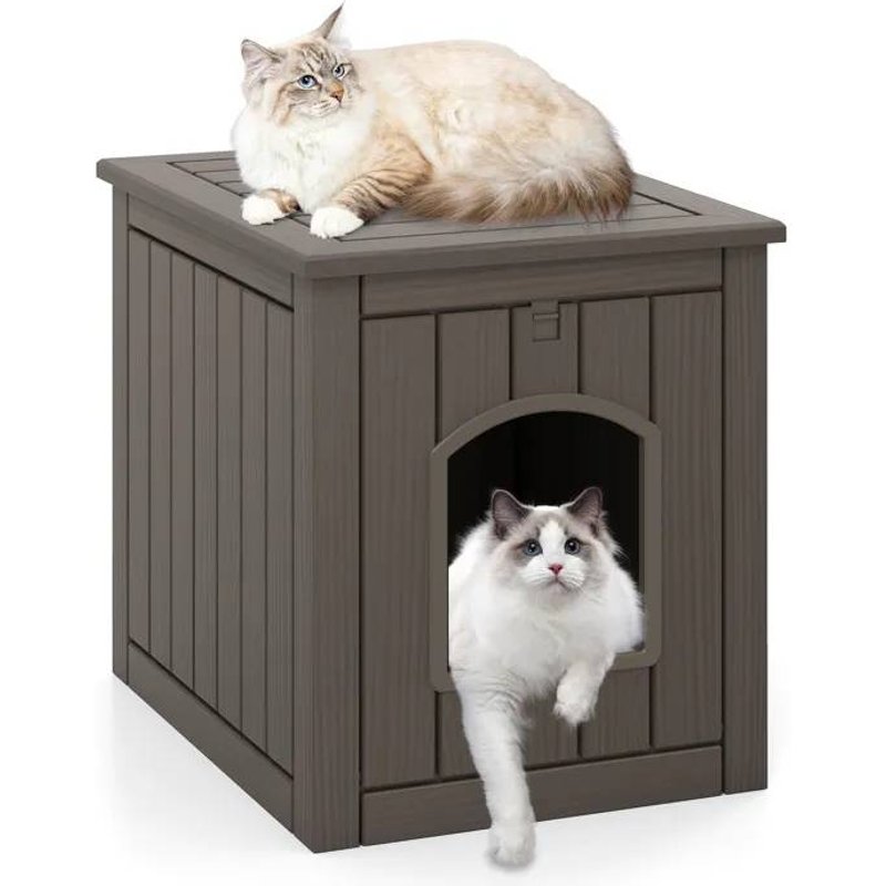 Maison Pour Chat D'intérieur Extérieur Costway, Porte D'entrée Basculante, Plancher Surélevé, Abri Imperméable Pour Chiots, Gris