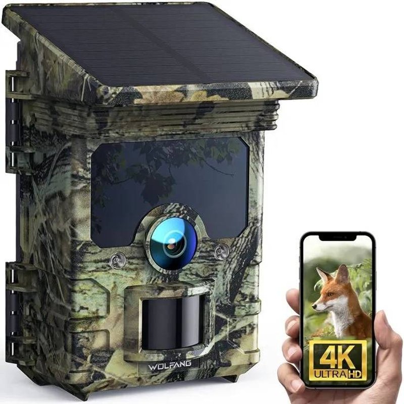 WOLFANG Caméra Chasse Solaire WiFi 4K/68MP, Détection Rapide, Vision Nocturne, IP66, Batterie Longue Durée.