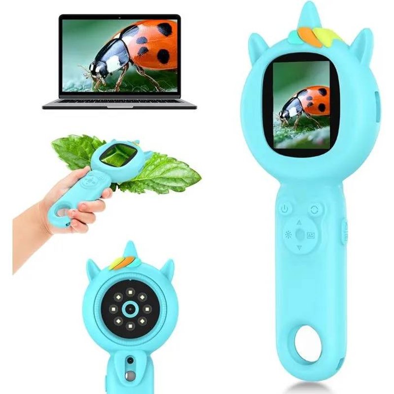 Microscope Numérique Enfant 500X avec Écran HD, Caméra & Carte SD 32 Go - Cadeau STEM 3-12 Ans (Bleu).