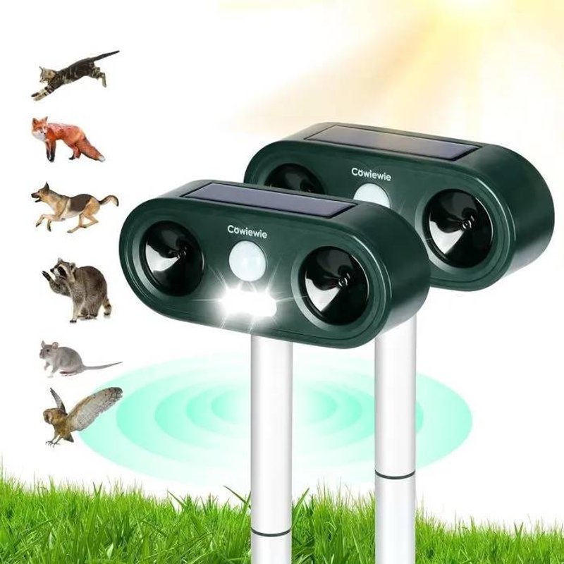 Cowiewie Répulsif Chat Ultrason & LED, Recharge Solaire/USB, Étanche, Pack de 2 pour Jardin.