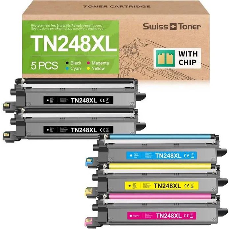 Swiss Toner TN248XL Compatible pour Brother - Pack de 5 - Haute Capacité pour MFC-L3760CDW, DCP-L3560CDW, HL-L3240CDW.