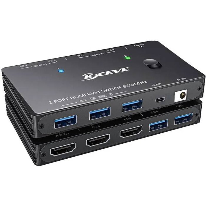 YOUTINGHDAV KVM Switch HDMI 8K 60Hz, 4K 120Hz, 2 PC 1 Moniteur, HDMI 2.1, 3 USB 3.0, HDR10, HDCP 2.3, Télécommande, Adaptateur 12V.