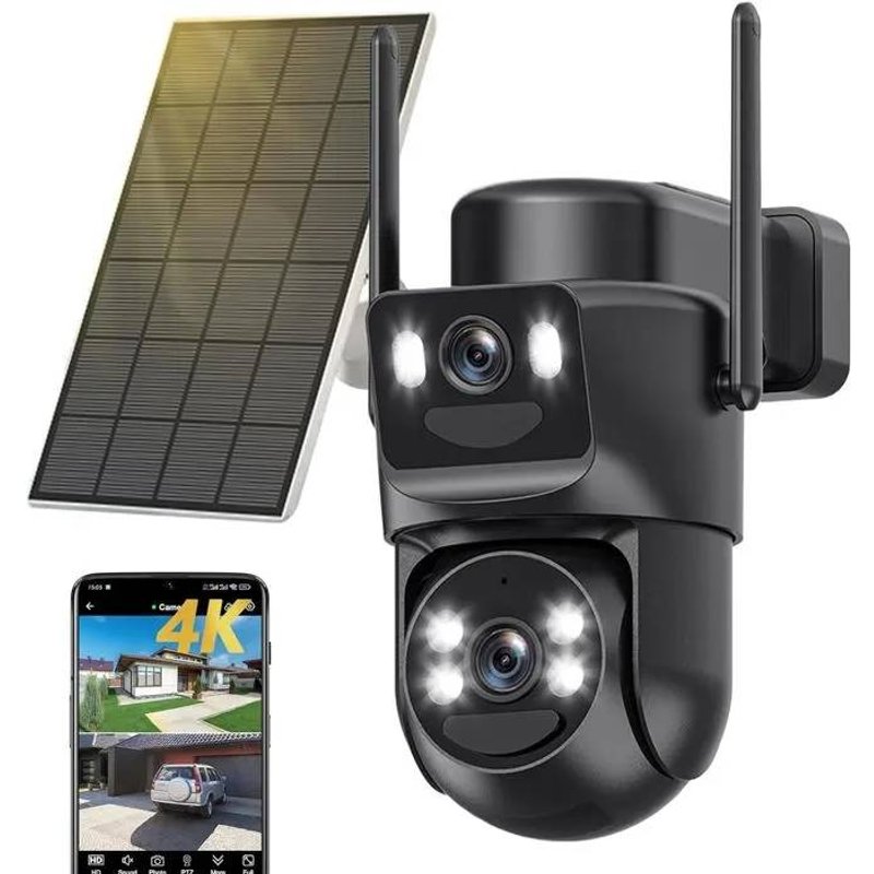 Caméra de Surveillance Extérieure WiFi 8MP 4K - Double Objectif, Vision Nocturne Couleur, Panneau Solaire, 360°, Audio¿.