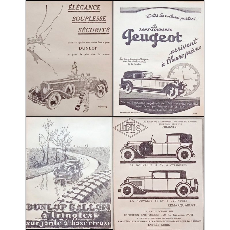 Gros Lot 21 Affiches Publicités Anciennes Années 20 : Voitures, Automobiles, Unic, Peugeot, Pneus Dunlop (French Advertising)