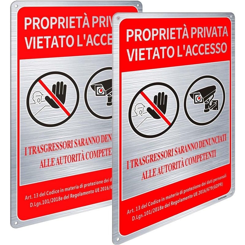 IT Panneau de propriété privée en aluminium brossé, 20 x 30 cm, interdiction d'accès, 2 pièces, panneau interdit d'accès avec alerte RGPD, réfléchissant, imperméable, résistant aux UV