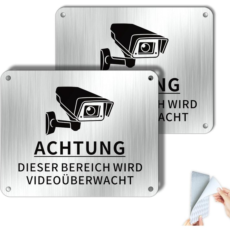 Panneau d'avertissement zone d'avertissement vidéo surveillance caméra de surveillance autocollant petit 15x12 cm aluminium 2 pièces
