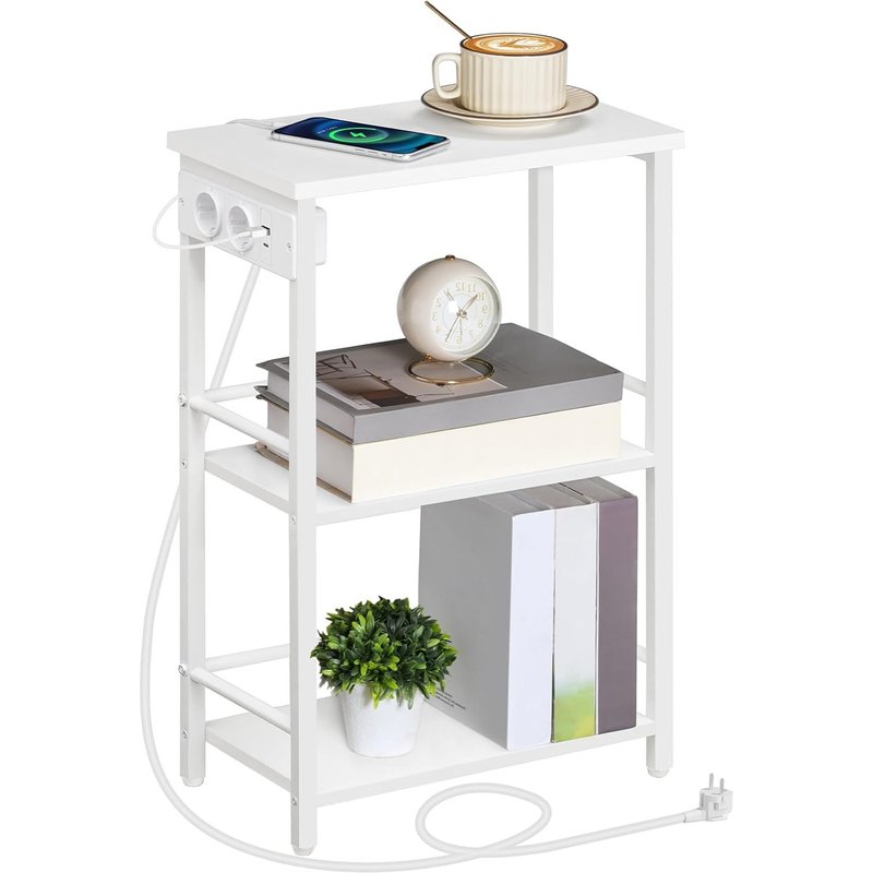 Table d`Appoint Étroite avec Multiprise, Petite Table Basse à 3 Niveaux, avec Rangement, Table de Chevet avec Port USB, Port USB-C et Prises, Salon, Entrée, Bureau, Blanc AETWT29UE01