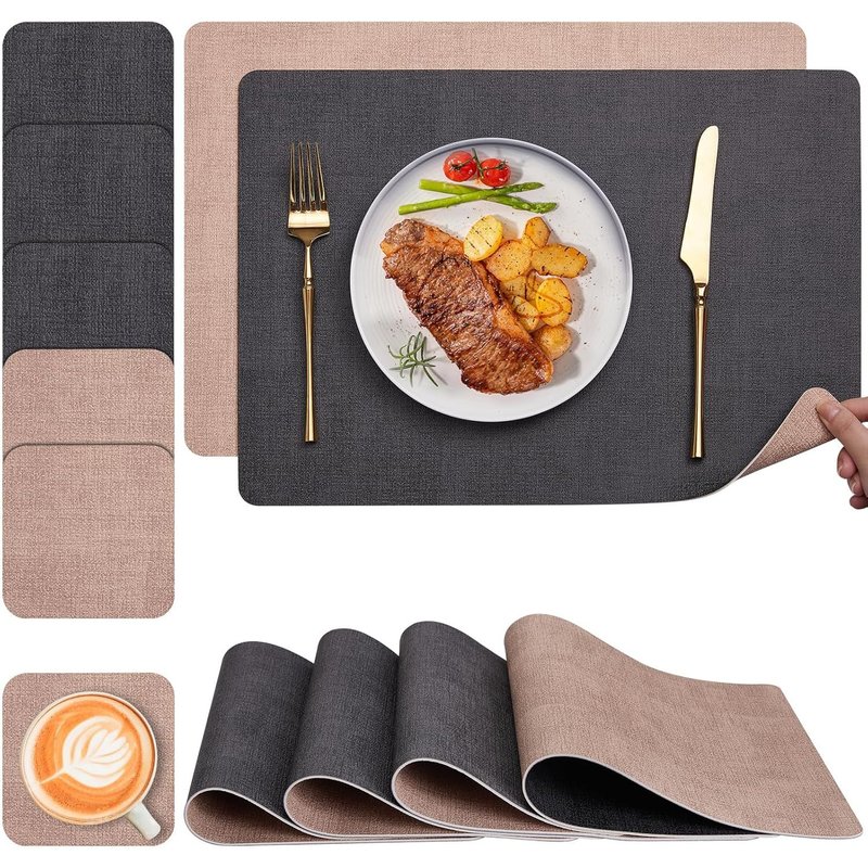 Set De Table Et Dessous De Verre , Sets De Table Lavable Double Face Bicolore En Cuir, Set Table Antidérapants Faciles À Nettoyer, Sets De Table Lot De 6