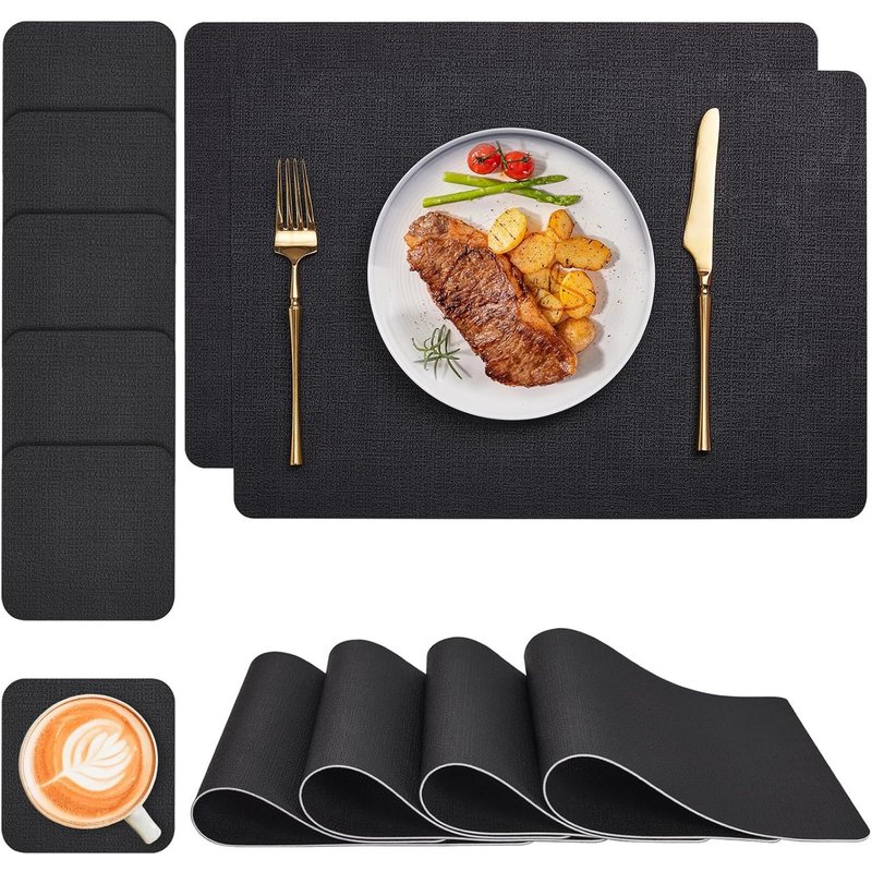Set De Table Et Dessous De Verre , Sets De Table Lavable En Cuir, Set Table Antidérapants Faciles À Nettoyer, Set De Table Lot De 6 (Lot De 6, Noir/Noir)