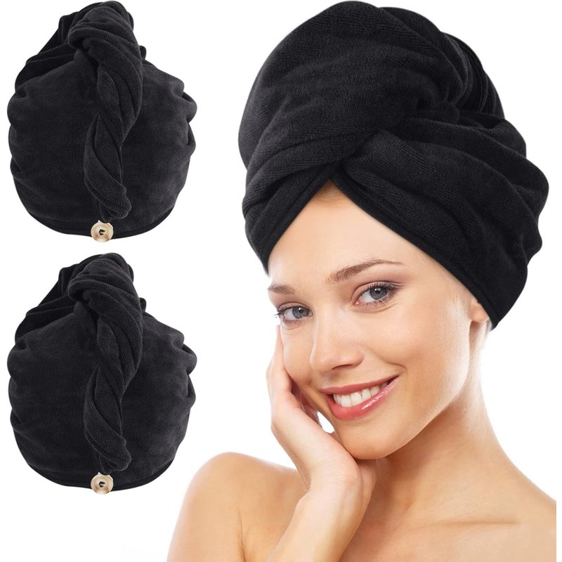 Microfibre Séche Serviette Cheveux Enrouler Turban Soin Cheveux Serviette Bain Séchage Rapide Tordu pour Les Cheveux Mouillées 30x70cm 2pcs Noir