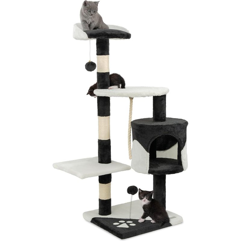 Arbre À Chat Avec 2 Balles En Peluche & Corde De Jeu, Hauteur 112 Cm, Avec Corde En Sisal & Peluche, Surface De Repos & Grotte, Support Mural Inclus, Pour Petits & Grands Chats, Noir/Blanc