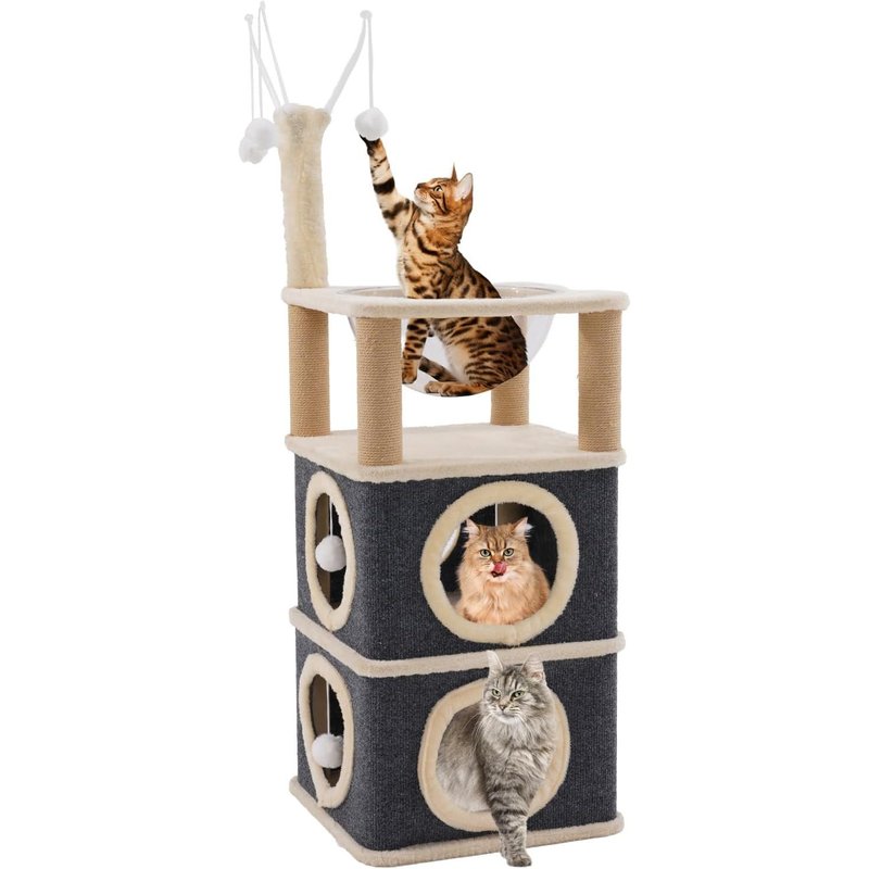 Maison Pour Chat - Grande Grotte 2 Étages Avec 4 Arbres, Tour D'escalade, Lit À Capsules Spatiales Et Balle