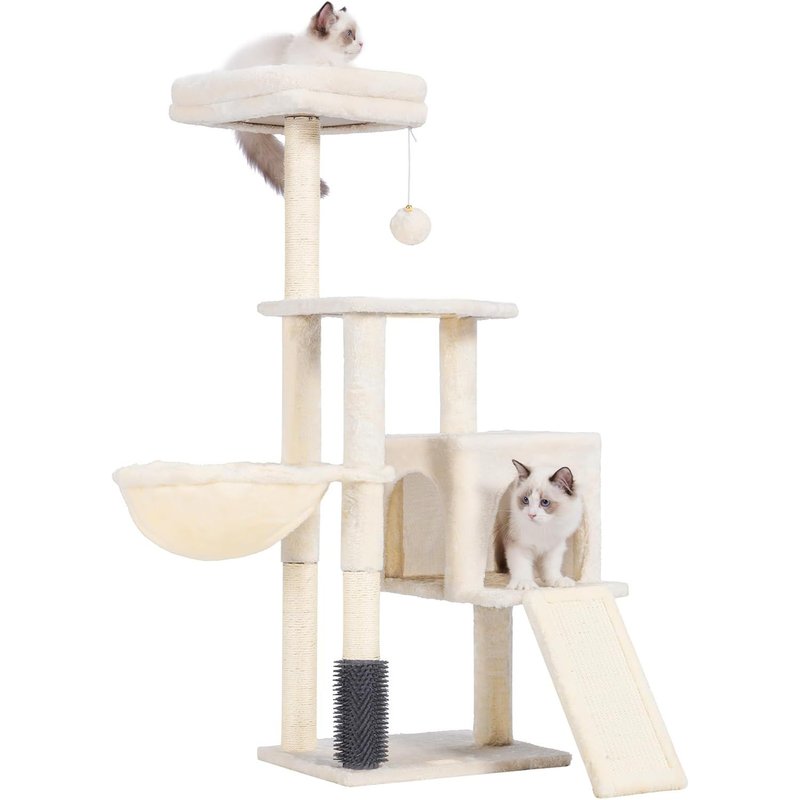 Arbre À Chat, Brosse De Nettoyage Automatique, Arbre À Chat Domestique Robuste Avec Peluche Polie, Chaise Longue, Bac À Litière Avec Panneaux Et Griffoir, Beige Hct005sm