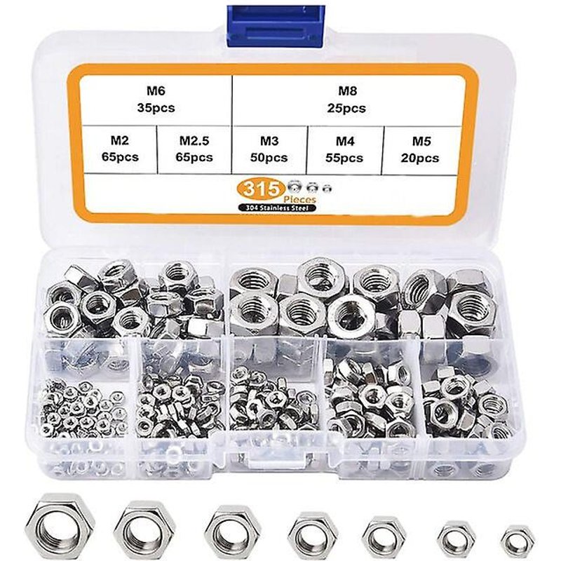 Assortiment d'écrous de blocage M2, M2.5, M3, M4, M5, M6, M8, écrous hexagonaux anti-desserrage en acier inoxydable 304 (315 pièces)
