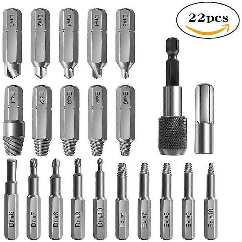 Kit d'extracteur de vis cassées HSS, 22 pièces, adaptateur de douille pour boulon endommagé, noir