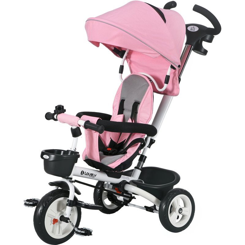 Tricycle Enfant Évolutif Pliable Pare-Soleil Canne Télescopique Amovible Siège Réversible Rose