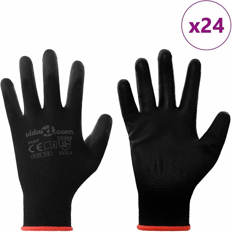 vidaXL Gants de Travail 24 pcs Noir 7 / S Polyester