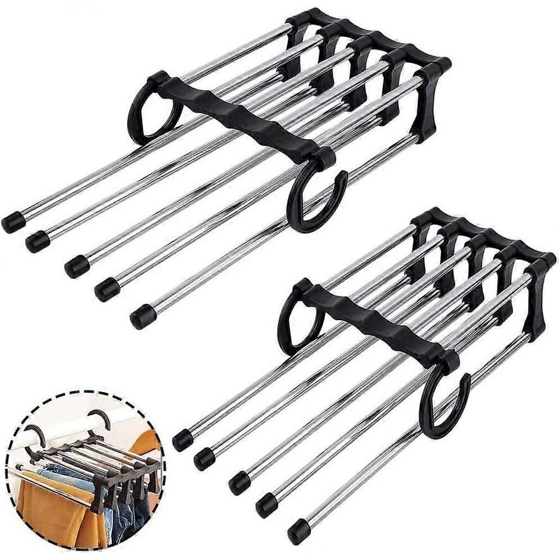 Lot de 2 cintres multifonctions - Acier inoxydable antidérapant et pliable - Pour jeans, vêtements, serviettes - Noir