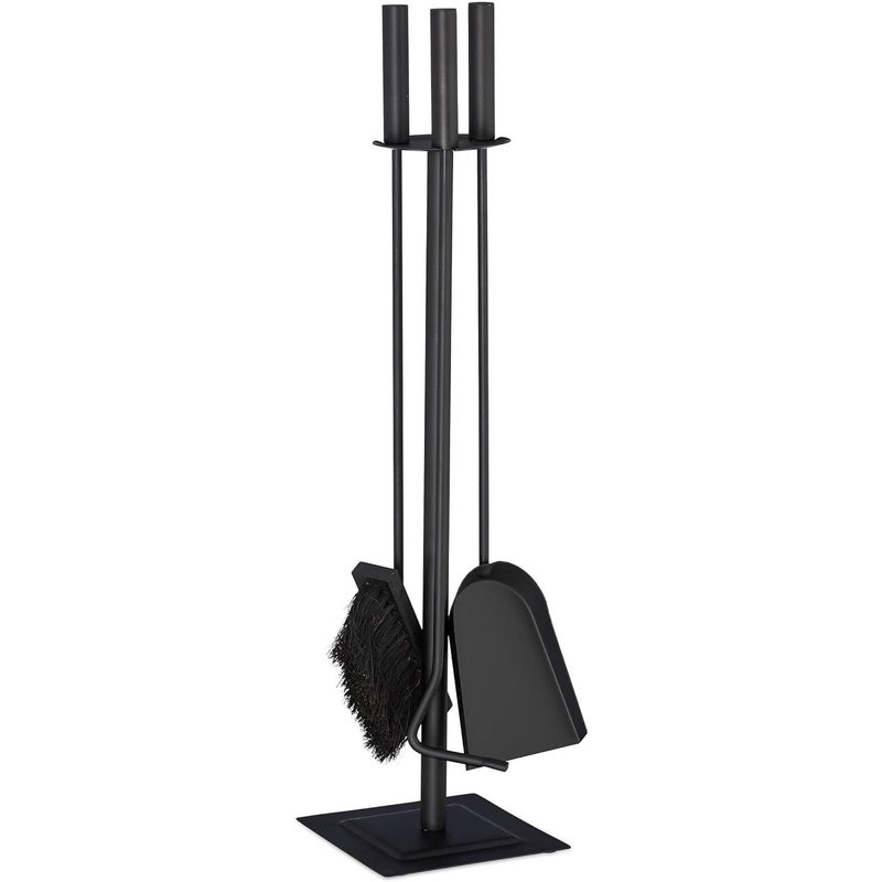 Fireplace Set 4 Pieces Steel Accessory Shovel Broom Poker Holder,Black,Plastic,Wood,61 x 15 x 15 cm