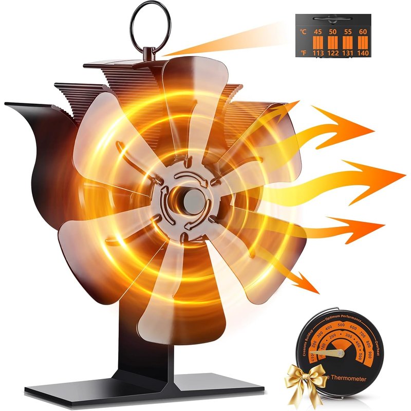 Wood Stove Fan,6 Blades Heat-Powered Fireplace Fan,Silent Fan for Wood Stove,Fireplace,Gas Logs Stove with Thermometer