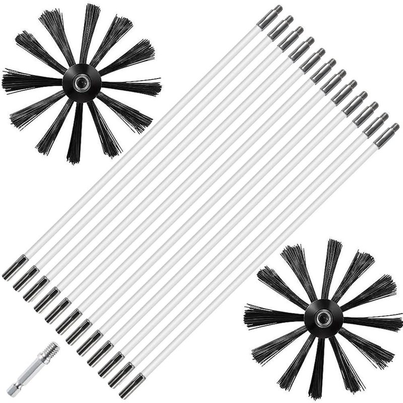 Chimney Cleaning Brush Kit,Chimneys Brush Chimney Cleaning Kit with 12 Flexible Rods of 410 mm,2 Brush Heads Ø200 mm and 1 Hexagonal Rod for Boiler Pipes Ventilation Pipes