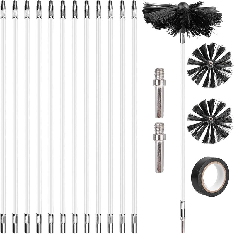 Chimney Brush Rods Set of 17 Chimney Brush Rods-Chimney Brush Chimney Brush Cleaning Brush with 12 Flexible Rods 410mm,2 x 150mm Brush Heads,2 x Hex Bars and 1 x Adhesive Tape,for Fireplaces