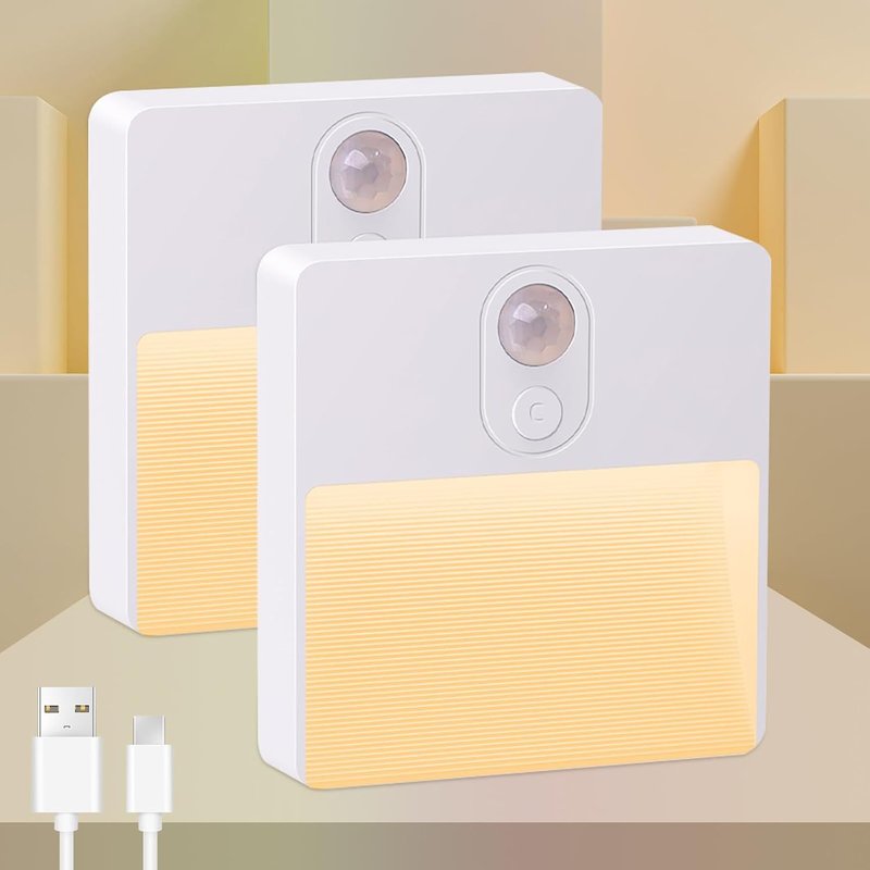 Lampe De Nuit Led Avec Détecteur De Mouvement Intérieur Batterie Usb Rechargeable 3 (Auto/Arrêt/On) Lumière Pour Couloir Escalier Chambre Chambre D'enfant Blanc Chaud (2 Pièces)