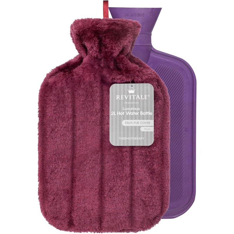 Luxury Comfortable Hot Water Bottle-2 Litre,Soft Cover,Single Rib Natural Rubber,Durable and Leak Resistant,Conforms to BS1970:2012 (Plum)