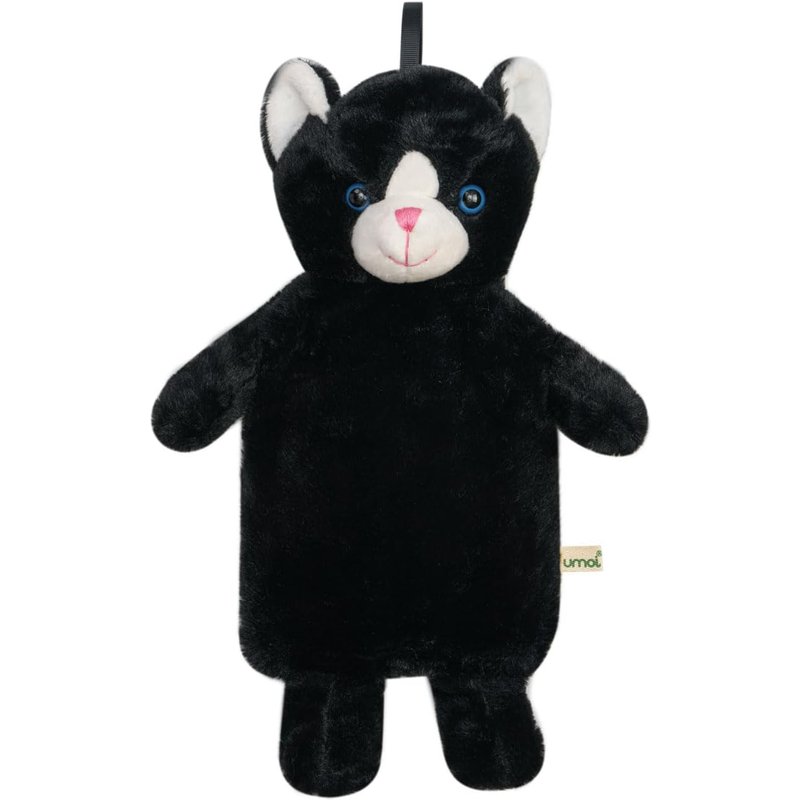 1 Litre Premium Hot Water Bottle for Children with Beautiful Soft Lid,Natural Rubber,Heating Pad,Various Models Tested by TĂśV Rheinland (Black Cat)