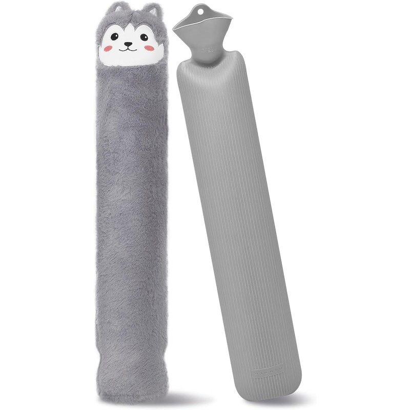 Long Hot Water Bottle with Cover,2 Litres Large Hot Water Bottle with Removable Soft Cover Plush Hot Water Bottle for Neck,Shoulder,Back,Legs,Abdomen,Women Men (Grey)