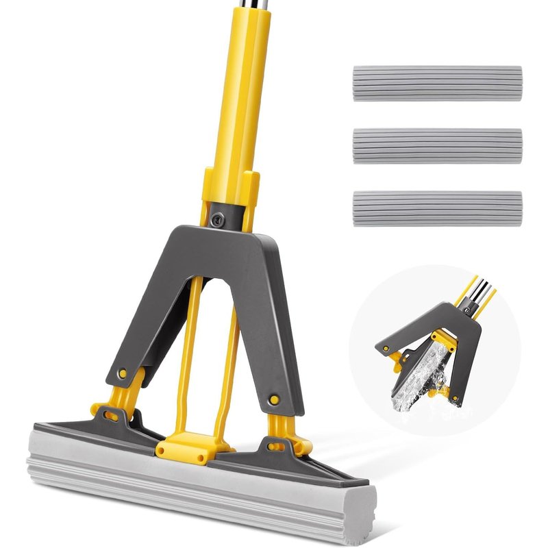 Absorbent Magic Sponge Mop with Built-In Spinner,Sponge Mop with 3 Reusable PVA Sponge Head,Mop for Floor Cleaning