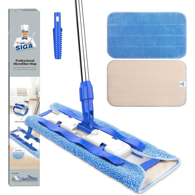 Professional Flat Mop with 3 Reusable Microfibre Cloths and 1 Brush,Adjustable Floor Cleaning Mop with Long Handle Stainless Steel